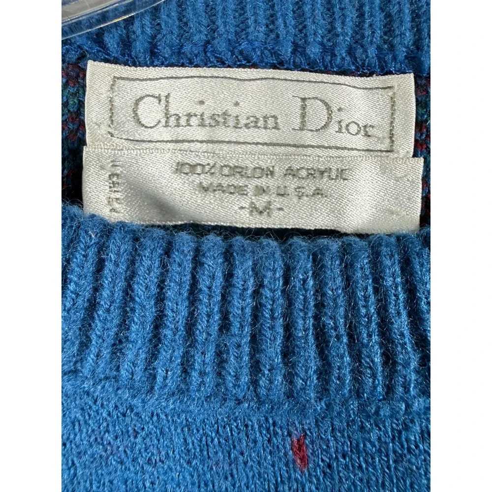 Vintage Christian Dior Sweater Mens Medium Grid Pattern Knit Pullover USA made